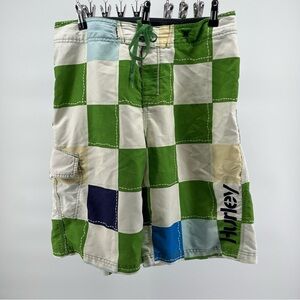 Hurley Green and White Checkered Board Shorts